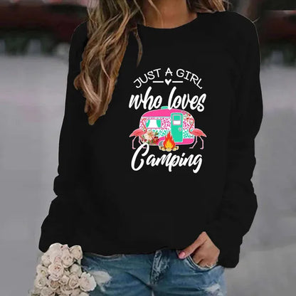 Stampa di moda Solo una ragazza che ama la felpa da campeggio per le donne Autunno e inverno Casual Sport Donna Girocollo Pullover senza cappuccio Top