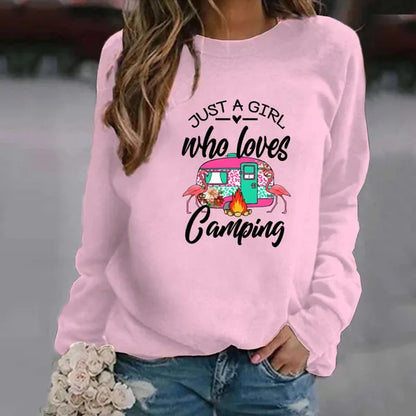 Stampa di moda Solo una ragazza che ama la felpa da campeggio per le donne Autunno e inverno Casual Sport Donna Girocollo Pullover senza cappuccio Top