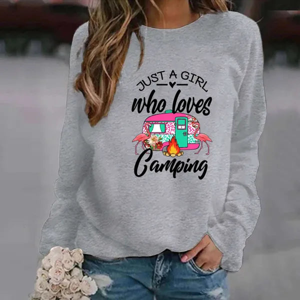 Stampa di moda Solo una ragazza che ama la felpa da campeggio per le donne Autunno e inverno Casual Sport Donna Girocollo Pullover senza cappuccio Top