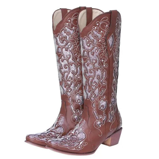 Donne nuove comode tacco spesso tacco basso stivali da cowboy stivali alti decorativi con strass stivali alti taglia 34-43