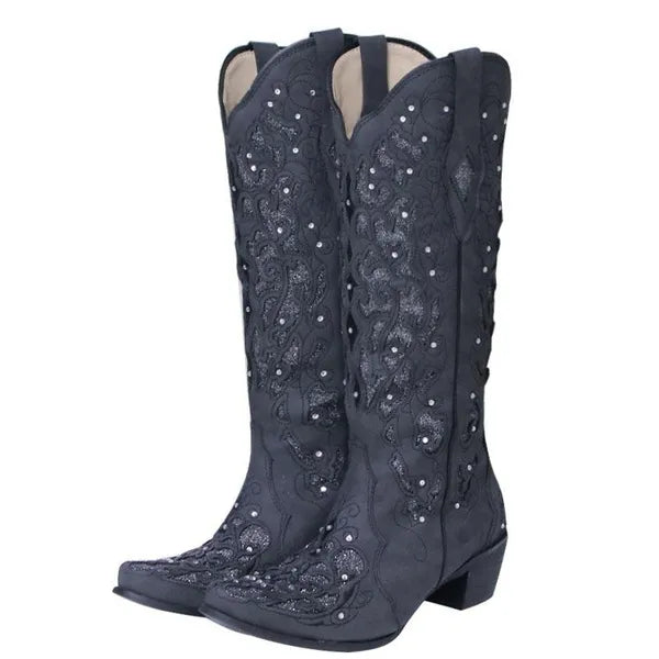 Donne nuove comode tacco spesso tacco basso stivali da cowboy stivali alti decorativi con strass stivali alti taglia 34-43