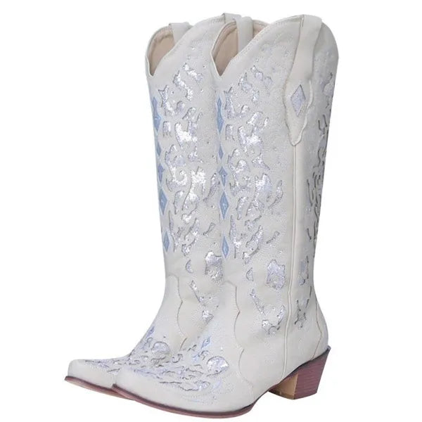 Donne nuove comode tacco spesso tacco basso stivali da cowboy stivali alti decorativi con strass stivali alti taglia 34-43