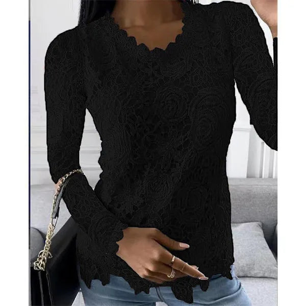 Camicie a maniche lunghe tinta unita da donna moda taglie forti Casual girocollo pullover top comode camicette irregolari in pizzo