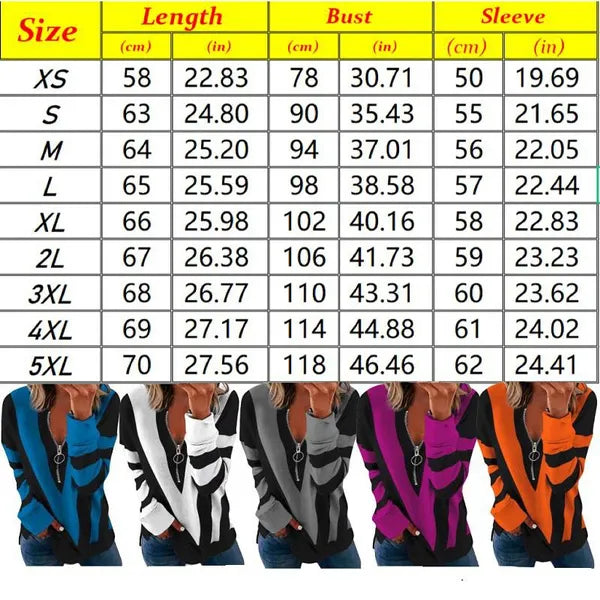 Taglie forti XS-5XL Abbigliamento moda donna Motivo geometrico Stampato Camicie a maniche lunghe Cerniera Profondo scollo a V Camicetta casual Pullover ampio Streetwear Donne eleganti Top