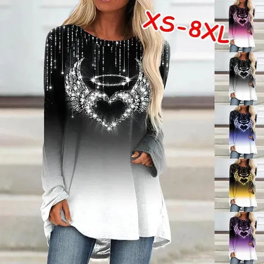 XS-8XL Moda Donna Autunno e Inverno Abbigliamento Casual O-Collo Manica lunga Top Donna Camicie stampate in 3D Tunica ampia T-shirt in cotone Taglie forti Pullover Camicette Felpe