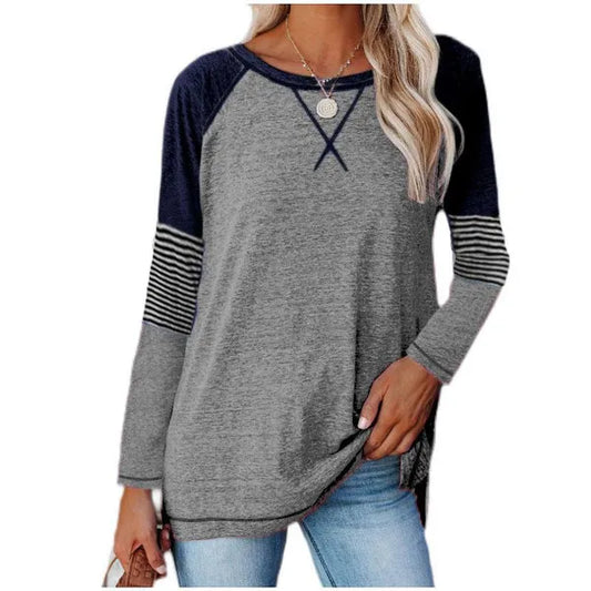 XS-5XL Taglie Forti Abbigliamento Moda Abbigliamento da Donna Casual Autunno e Inverno Top T-shirt a Maniche Lunghe Top a Righe Colorate Camicette Patchwork da Donna Pullover in Cotone Felpe T-shirt Larghe