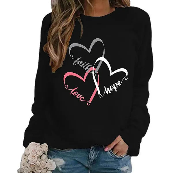 Maglione senza cappuccio a maniche lunghe da donna di nuova moda Maglione casual Sport Faith Hope Love Stampa Girocollo Tuta da esterno Top Trend Top da donna