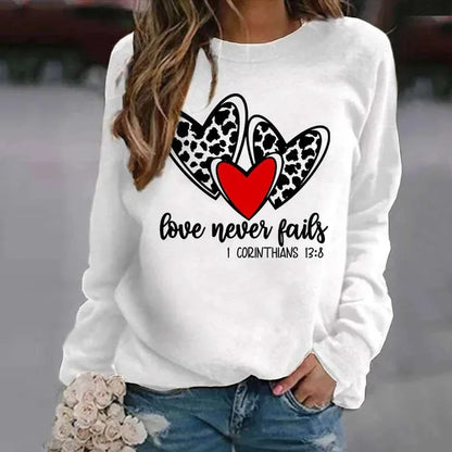 San Valentino Leopard Heart Love Never Fails Pullover stampato Moda Girocollo Top Donna Felpa senza cappuccio Felpa a maniche lunghe Autunno Casual Grafica Streetwear