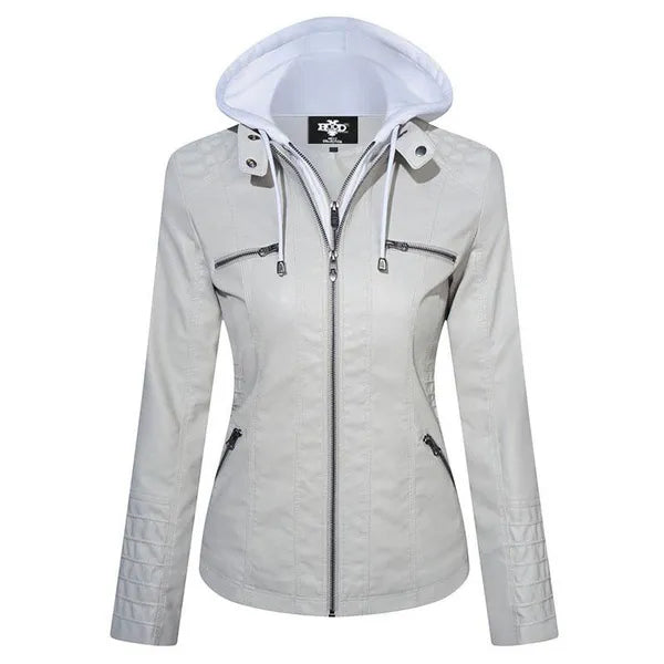 Giacche in pelle PU da donna slim fit Giacca con cerniera rimovibile con cappuccio streetstyle Giacche da moto retrò