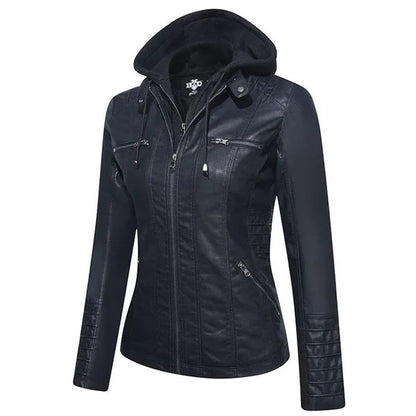 Giacche in pelle PU da donna slim fit Giacca con cerniera rimovibile con cappuccio streetstyle Giacche da moto retrò