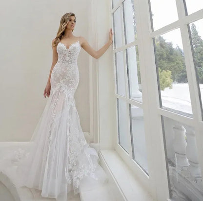 GROENEL AMOR Abito da sposa a sirena con applicazioni in pizzo 2023 Cinghie Abito da sposa senza schienale per le donne Tulle Sweep Train