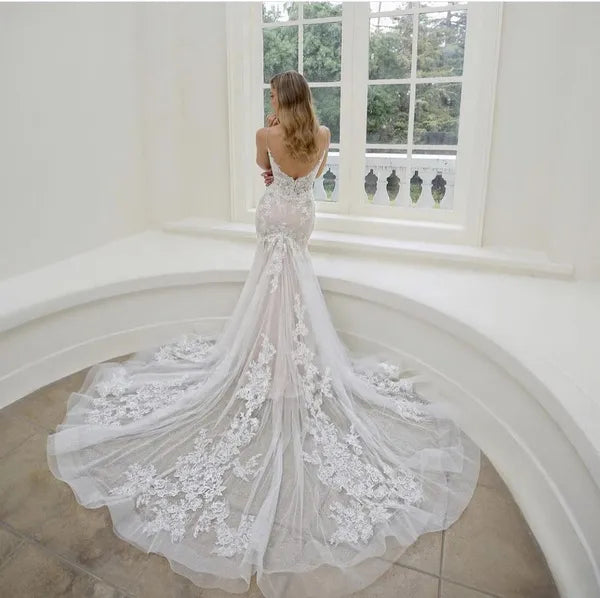 GROENEL AMOR Abito da sposa a sirena con applicazioni in pizzo 2023 Cinghie Abito da sposa senza schienale per le donne Tulle Sweep Train