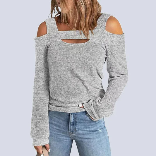 T-shirt a maniche lunghe casual da donna di moda taglie forti autunno caldo senza spalline in tinta unita allentata da strada