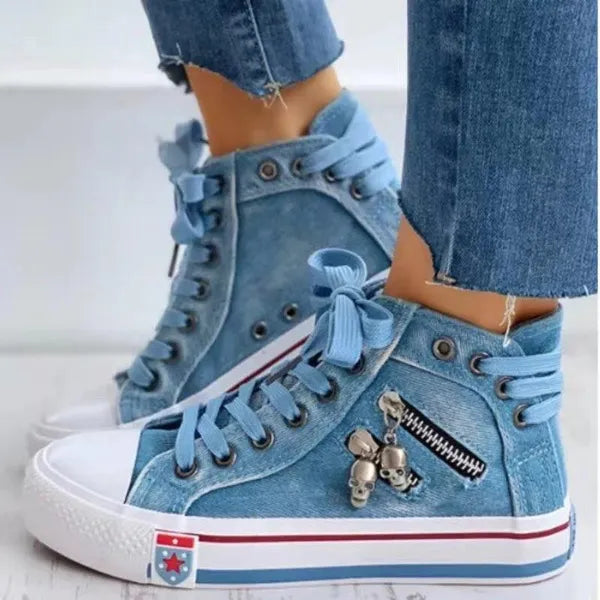 Sneakers da donna Moda donna Teschio con cerniera Decorazione Sneakers in denim Scarpe casual di tela alte Scarpe taglie forti