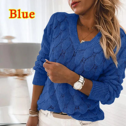 Maglioni lavorati a maglia a maniche lunghe con scollo a V da donna alla moda, maglioni pullover casual da donna adatti per il pendolarismo quotidiano