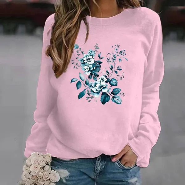 Felpa con o-collo tinta unita da donna Felpa casual allentata Harajuku estetica streetwear fiore farfalla pullover top