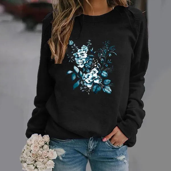 Felpa con o-collo tinta unita da donna Felpa casual allentata Harajuku estetica streetwear fiore farfalla pullover top