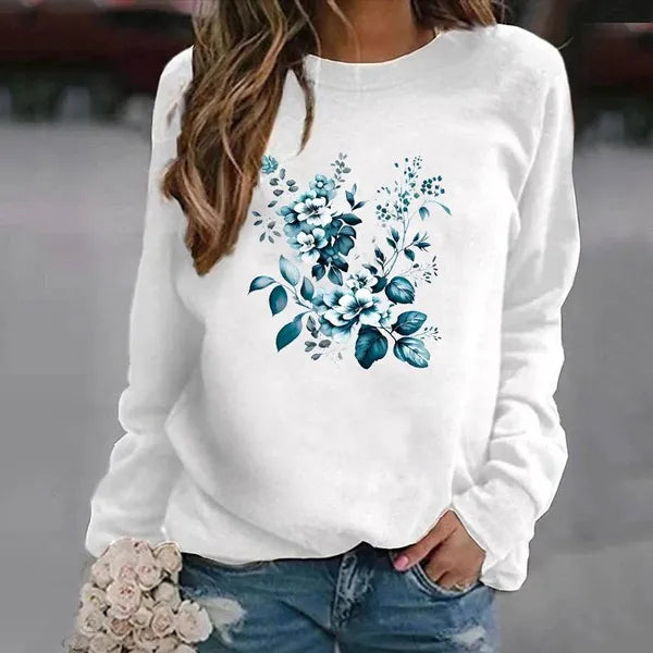 Felpa con o-collo tinta unita da donna Felpa casual allentata Harajuku estetica streetwear fiore farfalla pullover top