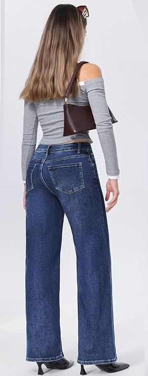 Jeans Donna Larghi Vita Alta Baggy Donna in Denim Elasticizzato,