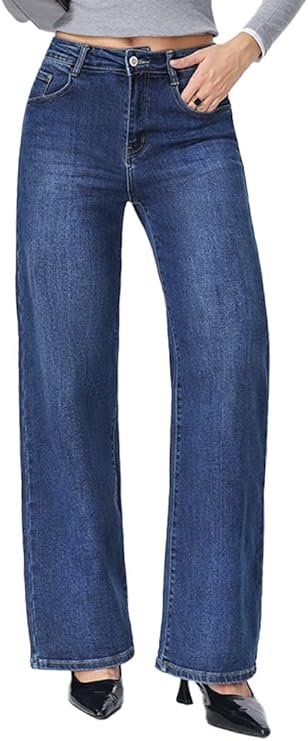 Jeans Donna Larghi Vita Alta Baggy Donna in Denim Elasticizzato,