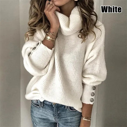 Maglione caldo da donna a collo alto pullover moda tinta unita manica lunga maglione lavorato a maglia con bottoni maglioni casual da donna taglie forti S-5XL