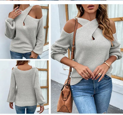 Maglione lavorato a maglia con maniche a lanterna con scollo all'americana per donna Top invernali 2022 nuovi maglioni caldi e spessi con spalla che perde casual