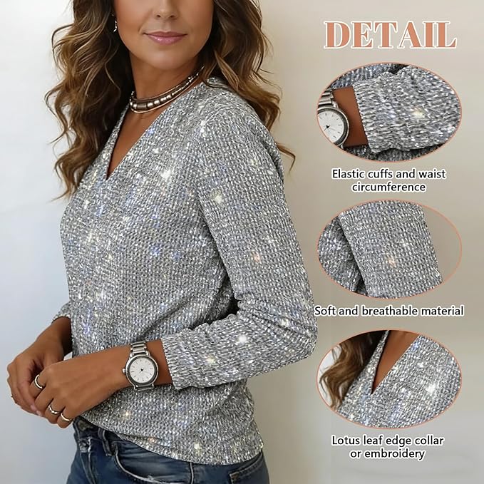 Maglietta da donna abbagliante con paillettes elegante scollo a V