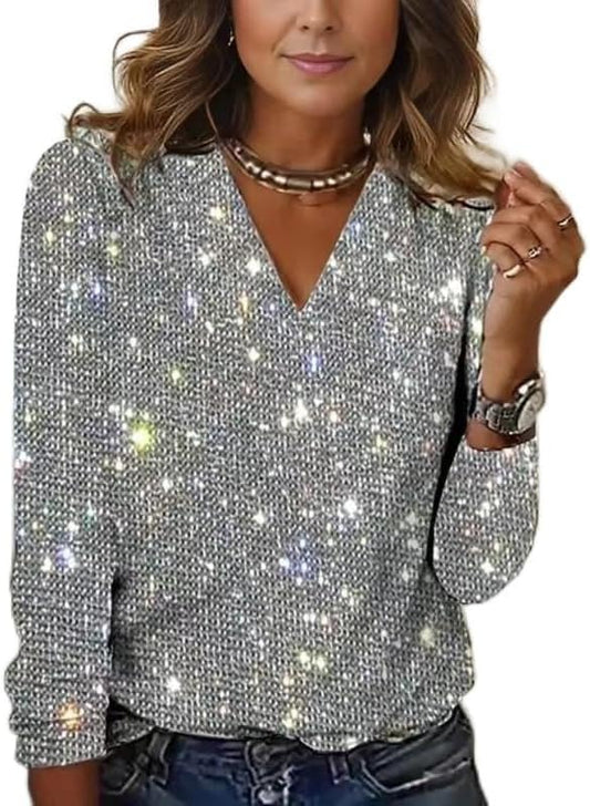 Maglietta da donna abbagliante con paillettes elegante scollo a V