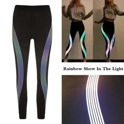 Leggings da donna in materiale riflettente a righe lucide stampate a vita alta elasticizzate per yoga, pantaloni da corsa, palestra, fitness, leggings