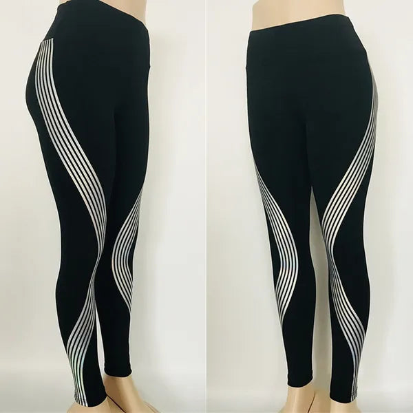 Leggings da donna in materiale riflettente a righe lucide stampate a vita alta elasticizzate per yoga, pantaloni da corsa, palestra, fitness, leggings