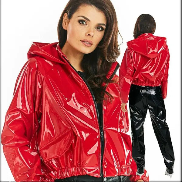 Giacca in pelle verniciata PVC da donna in lattice casual lucido Top corto allentato con zip plus