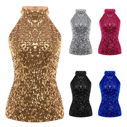 Canotta da donna con canottiera con scollo all'americana senza maniche impreziosita da paillettes luccicanti e scintillanti