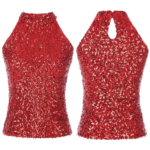 Canotta da donna con canottiera con scollo all'americana senza maniche impreziosita da paillettes luccicanti e scintillanti