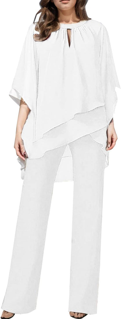 Abito Donna Elegante Cerimonia Estiva Orlo Irregolare Curvy Camicia Pantaloni Larghi