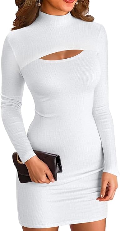 Abito da Donna Bodycon a Coste a Maniche Lunghe Jersey con Colletto Alto