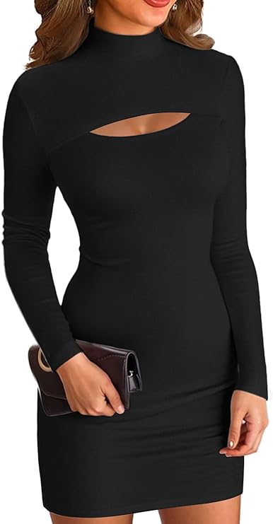 Abito da Donna Bodycon a Coste a Maniche Lunghe Jersey con Colletto Alto