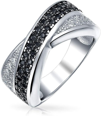 Anello a Fascia Incrociata X con Zirconi Cubici CZ Pavé Bicolore in Argento Sterling .925