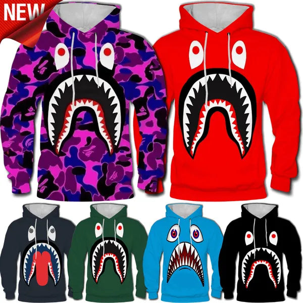 Bape Shark Felpa con cappuccio con stampa 3D Casual Hip-hop Stampa Felpa con cappuccio sportiva da donna Felpa con cappuccio unisex Shark