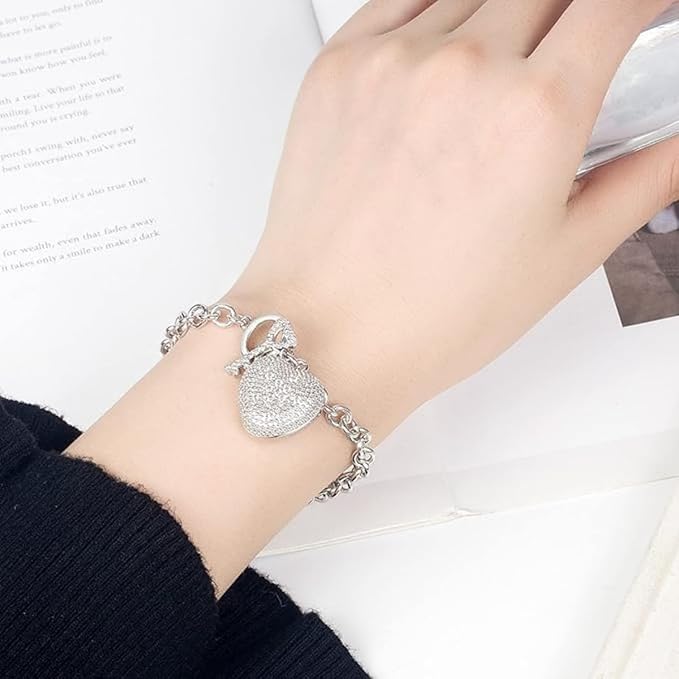 Bracciale largo 6 mm con grande cuore 2 cm e chiave luminosa a maglie in argento 925