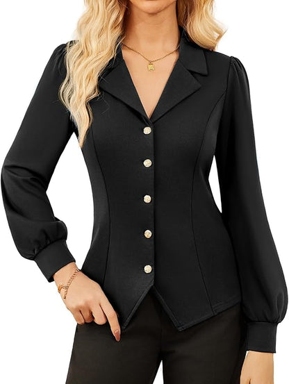 Camicetta elegante da donna, con bottoni, a maniche lunghe, con colletto a risvolto