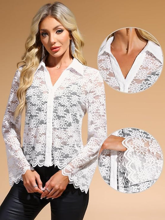 Camicetta Manica Lunga Trasparente Bluse Elegante con Button Top