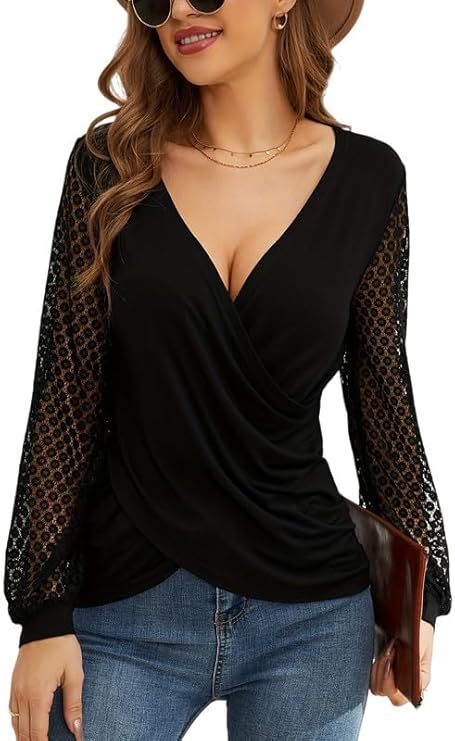 Camicia Donna Elegante Manica Lunga in Pizzo Maglia Scollo a V