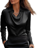 Camicia casual da donna, vestibilità larga, colletto in raso