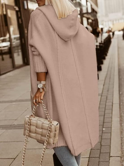 Cardigan da donna lungo con cappuccio, invernale a maglia grossa