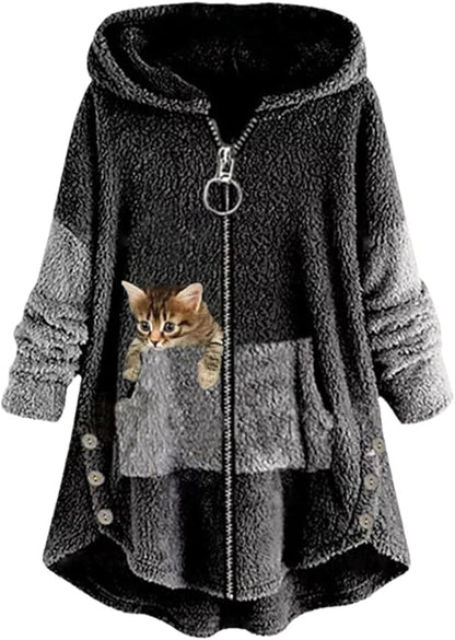 Felpa con Cappuccio Gatto Maglioncino Peloso Felpone Pile Colorblock Hoodie