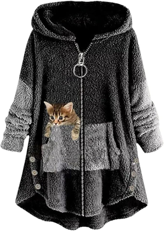 Felpa con Cappuccio Gatto Maglioncino Peloso Felpone Pile Colorblock Hoodie