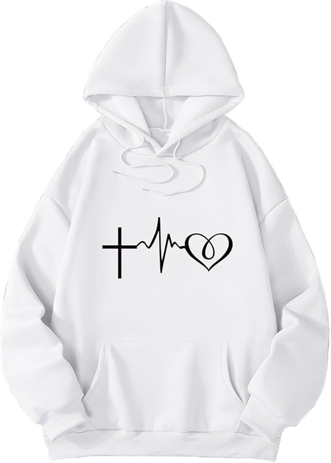 felpa con cappuccio da donna stampata con vestibilità ampia e scollo a V, maglione casual a maniche lunghe per l'uso quotidiano