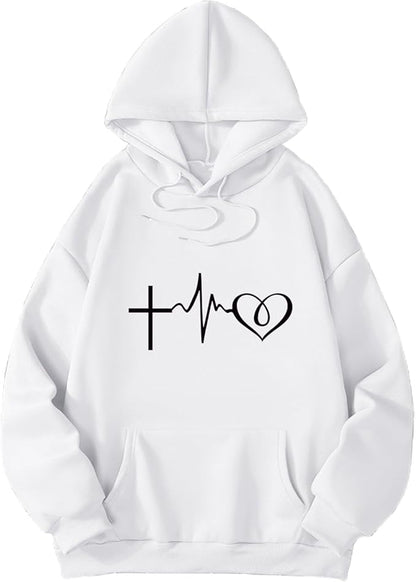 felpa con cappuccio da donna stampata con vestibilità ampia e scollo a V, maglione casual a maniche lunghe per l'uso quotidiano