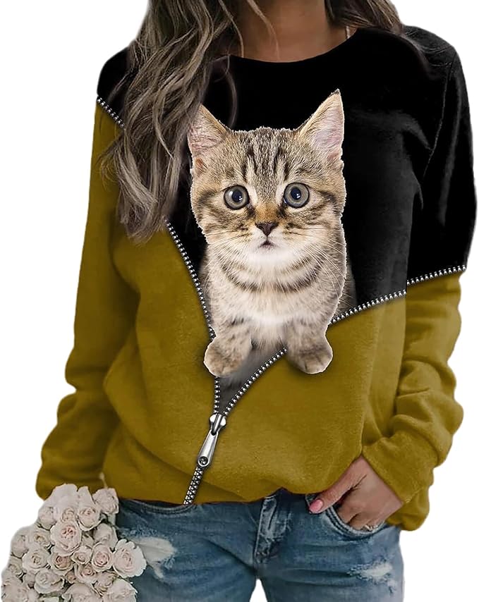 Maniche Lunghe con Gatto Stampa Animalier Carino Stampa 3D