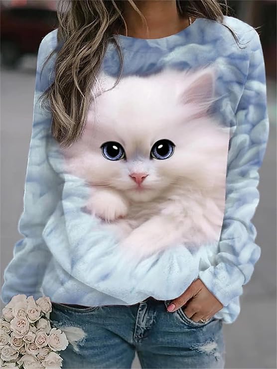 Felpa da Donna con Gatto Camicia a Maniche Lunghe Stampa Animalier Girocollo